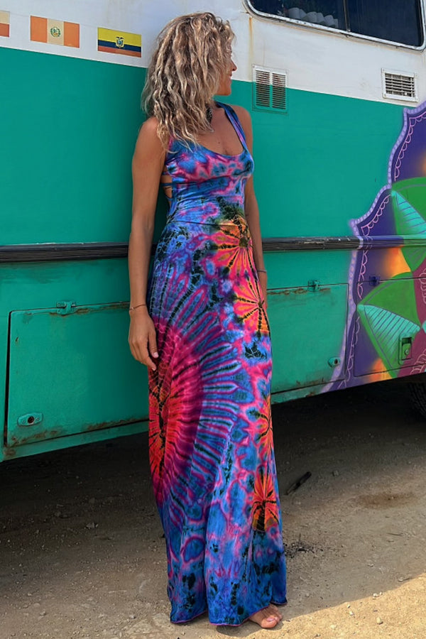 JO | La Bamba tie-dye print back lace-up stretch maxi dress