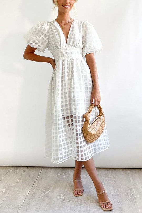 JO | Remarkable Beauty Square Patterned Fabric Puff Sleeve Party Midi Dress