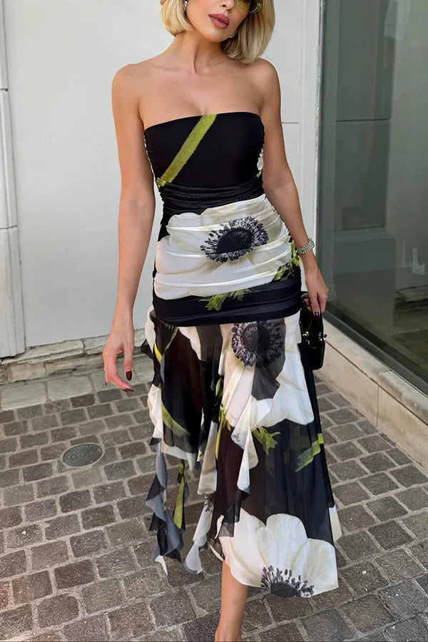 JO | Raquel Mesh Overlay Floral Print Shoulderless Ruched Ruffled Stretch Midi Dress