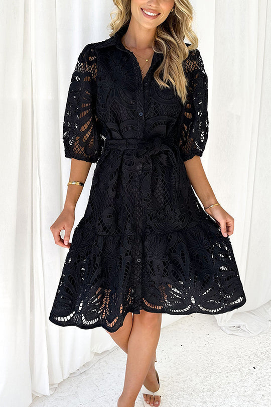 JO | Solid color lace neckline balloon sleeves and waist tie mini dress