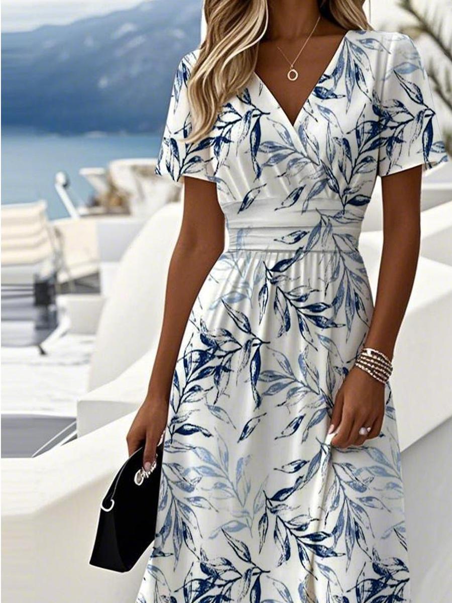 JO | Trendy plant print V-neck short sleeve midi dress
