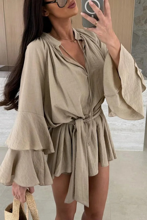 JO | Molly Linen Blend Tiered Bell Sleeve Tie-up Cover-up Mini Dress