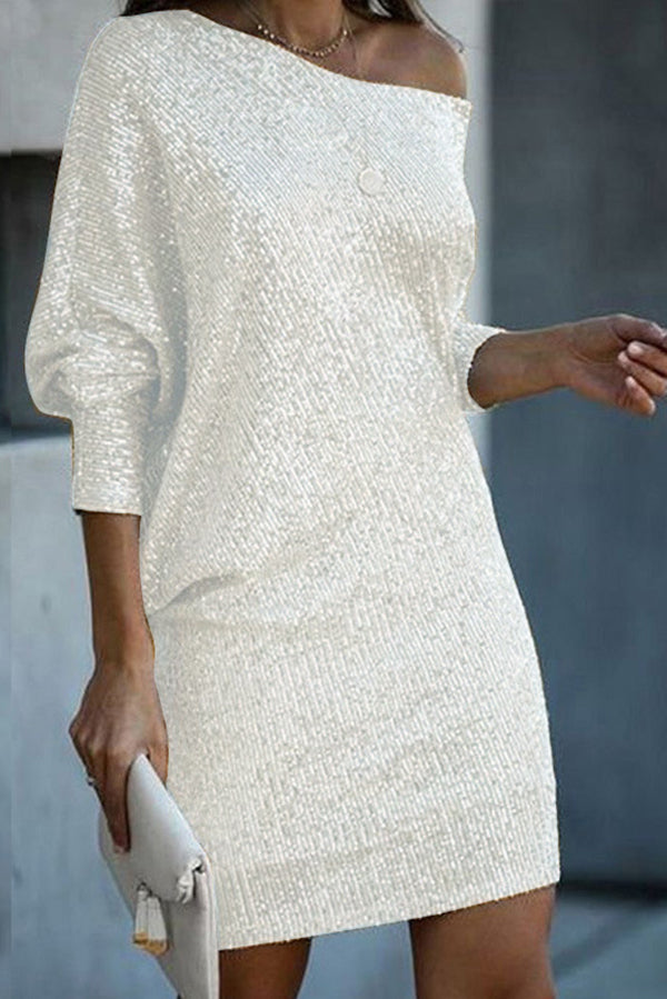 JO | Solid Sequins Off-shoulder Loose Mini Dress
