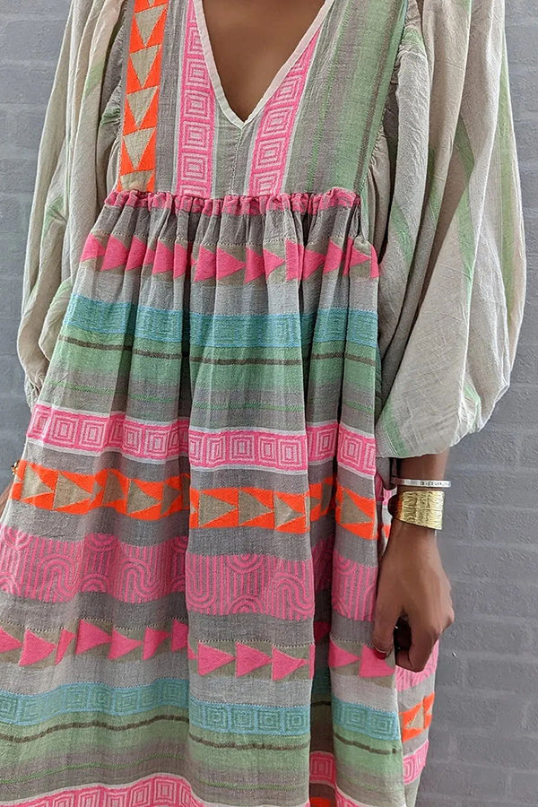 JO | Whisked Away Geometric Color Block Printed A-Line Midi Dress