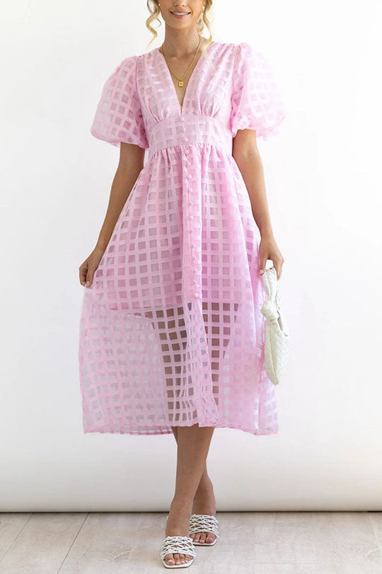 JO | Remarkable Beauty Square Patterned Fabric Puff Sleeve Party Midi Dress