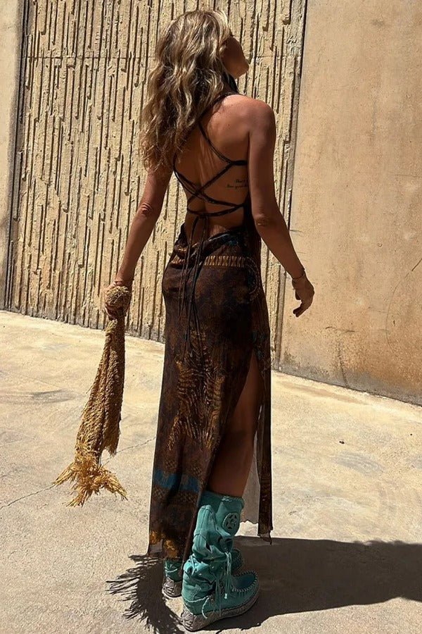 JO | Gypsy Style Unique Print Cowl Neck Back Lace Up Slit Midi Dress