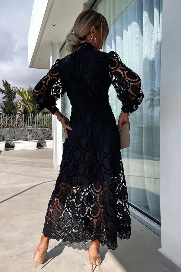 JO | Romantic, Sensual and Elegant Crochet Lace Lantern Sleeve Party Midi Dress