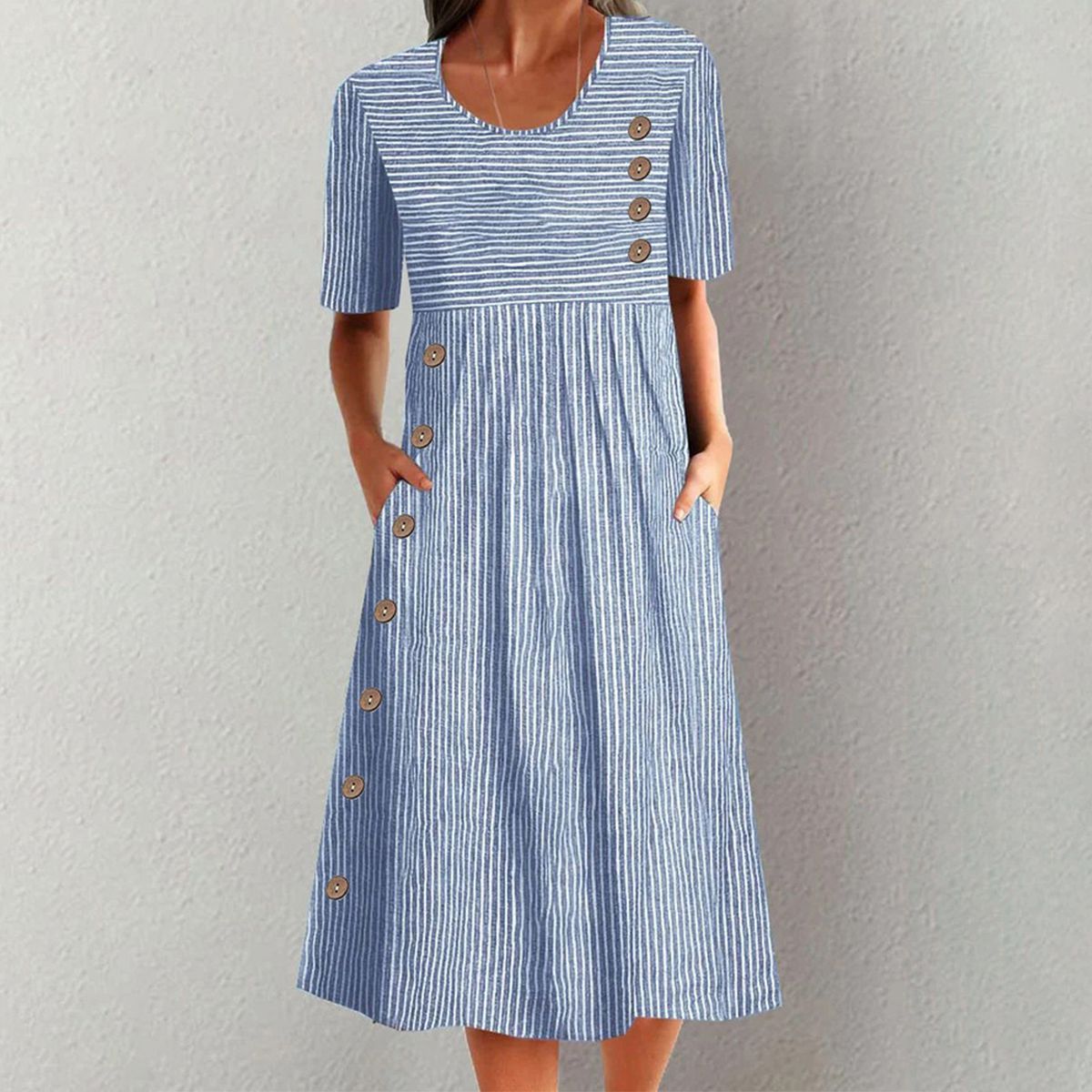 JO | Blue striped short-sleeved midi dress