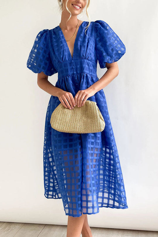 JO | Remarkable Beauty Square Patterned Fabric Puff Sleeve Party Midi Dress
