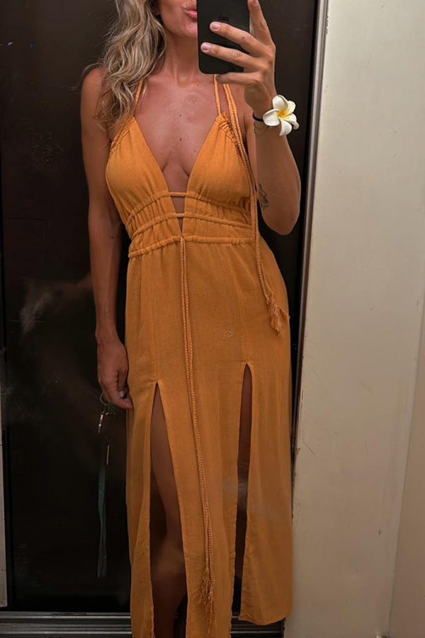 JO | Linen Blend Elastic Waist Halter Backless Pocket Slit Midi Dress