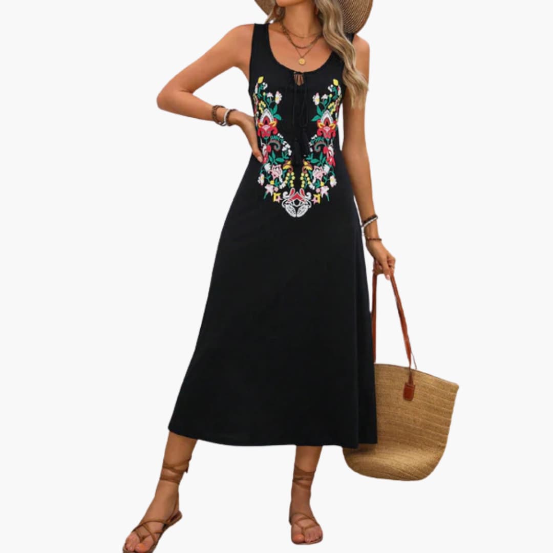 JO | Women's sleeveless midi dress with floral embroidery