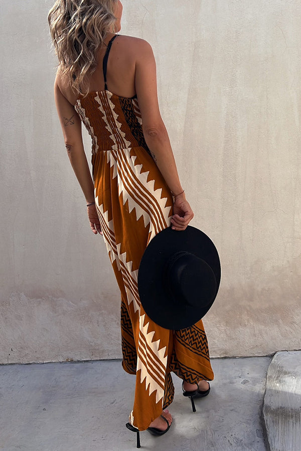 JO | Always Falling Satin Ethnic Print Smocked Back Midi Dress