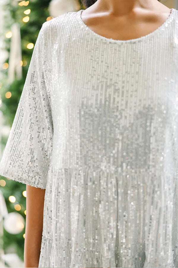JO | Silver Party Sequins Half Sleeve Round Neck Mini Dress
