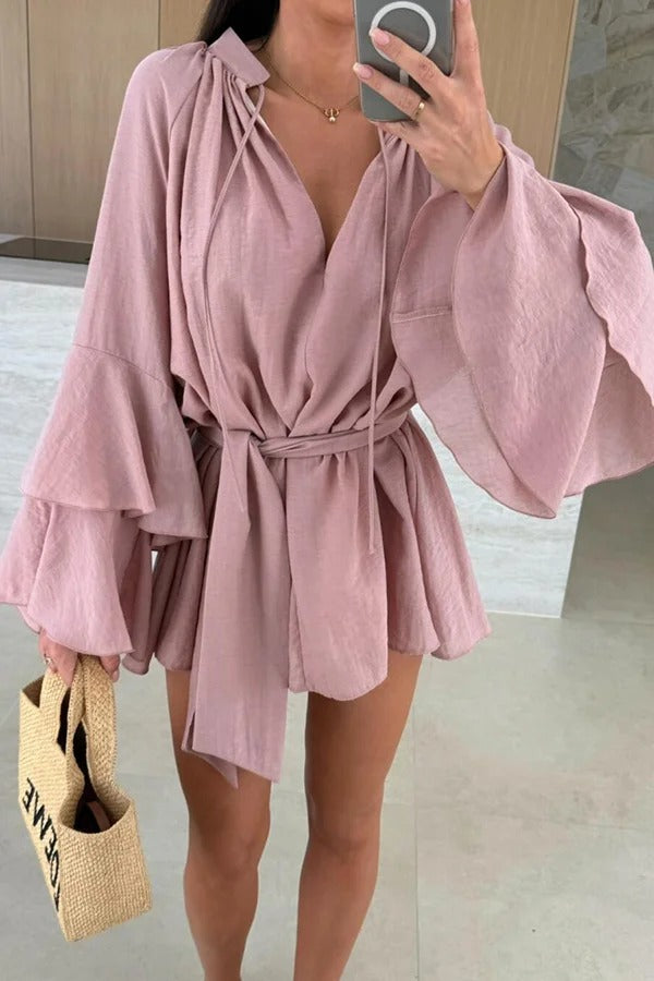 JO | Molly Linen Blend Tiered Bell Sleeve Tie-up Cover-up Mini Dress