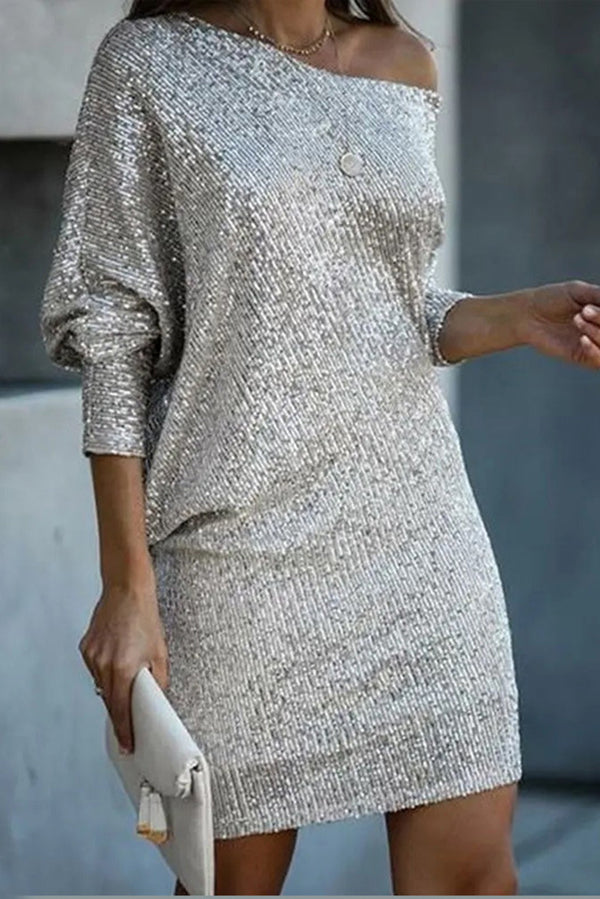 JO | Solid Sequins Off-shoulder Loose Mini Dress