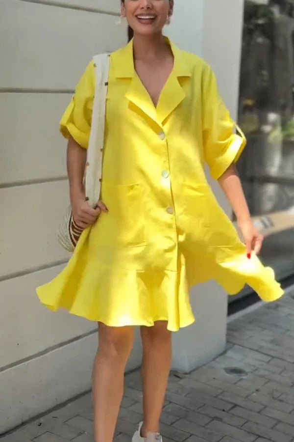 JO | Solid Color Casual Lapel Bag Ruffle Loose Mini Dress