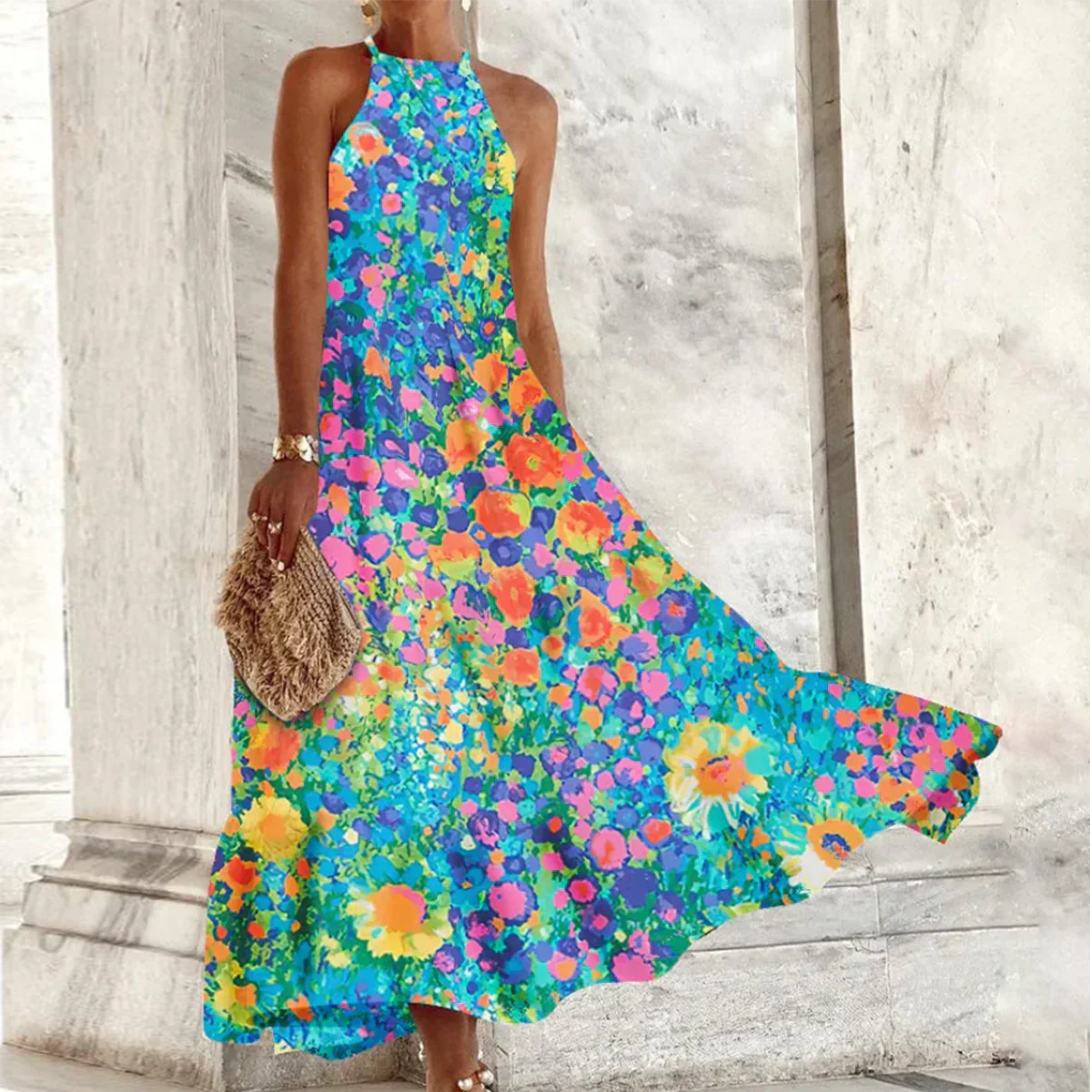 JO | sleeveless maxi dress with halterneck.