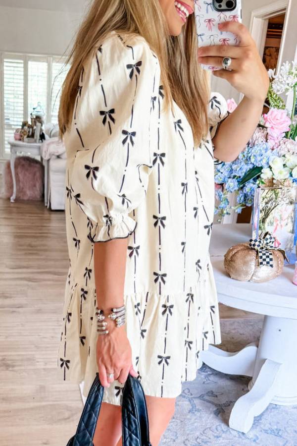 JO | Beige Cute Bowknot Printed Bubble Sleeve V-Neck Mini Dress