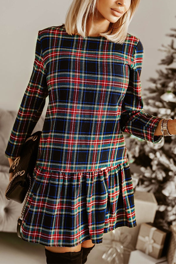 JO | Fashionable check pattern long sleeves round neckline slim mini dress