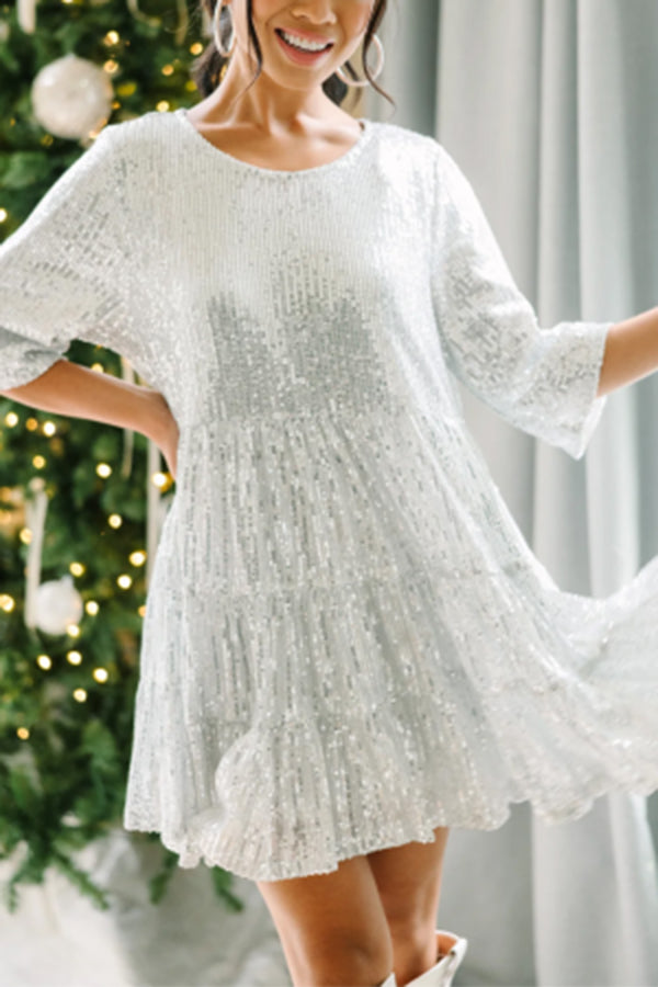 JO | Silver Party Sequins Half Sleeve Round Neck Mini Dress