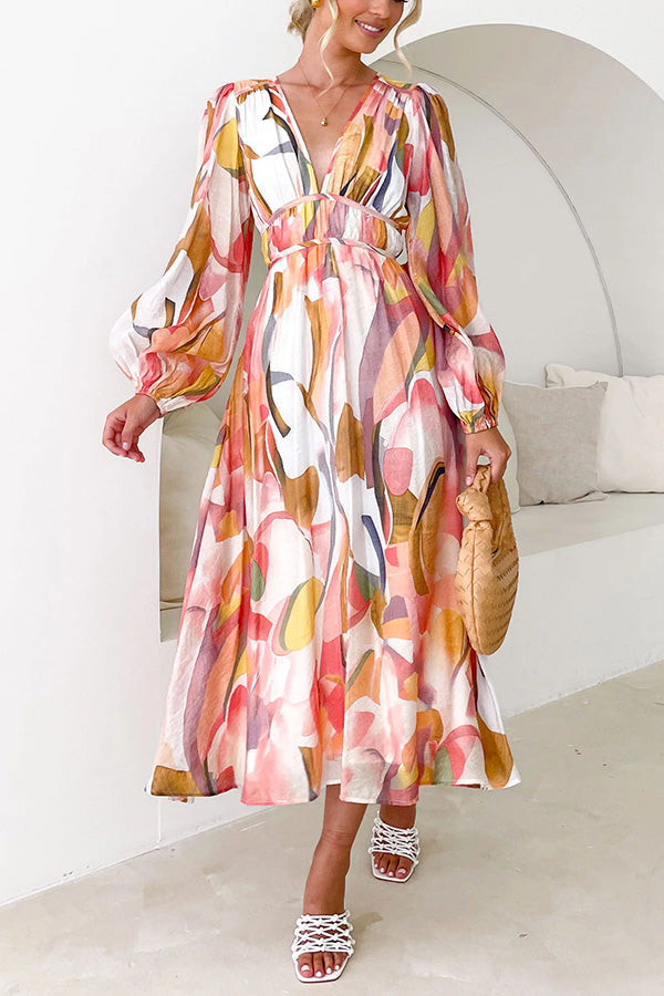 JO | Eclipse Season Printed long-sleeved maxi dress with flowing sleeves