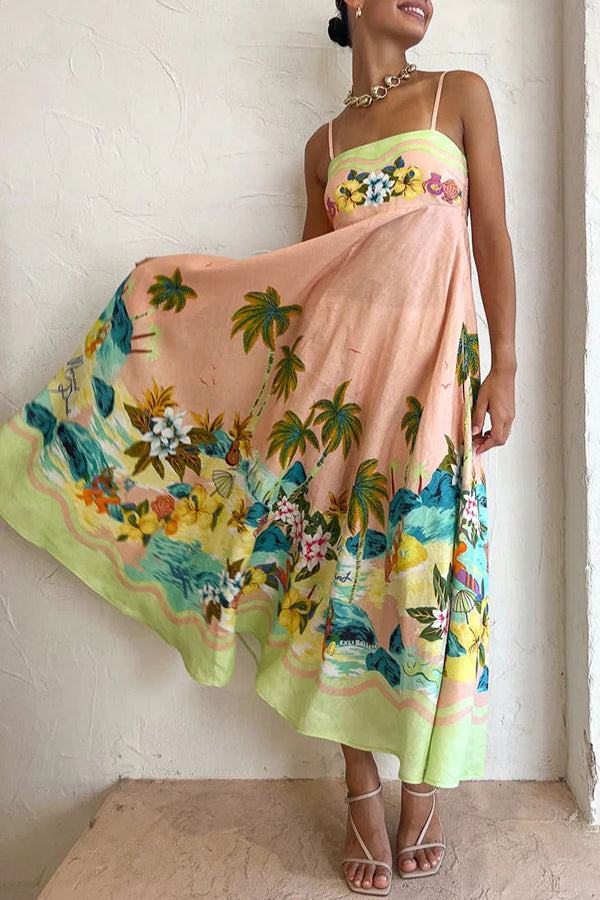 JO | Coconut Scenery Linen Blend Tropical Print Smocked Back Midi Dress