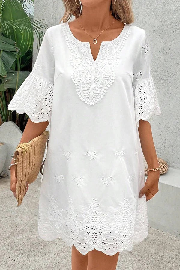 JO | Solid color hollow embroidery casual lace V-neck mini dress