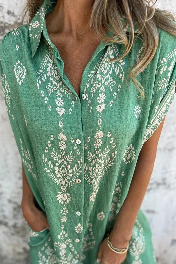 JO | Linen Blend Unique Print Lapel Casual Pocket Mini Dress