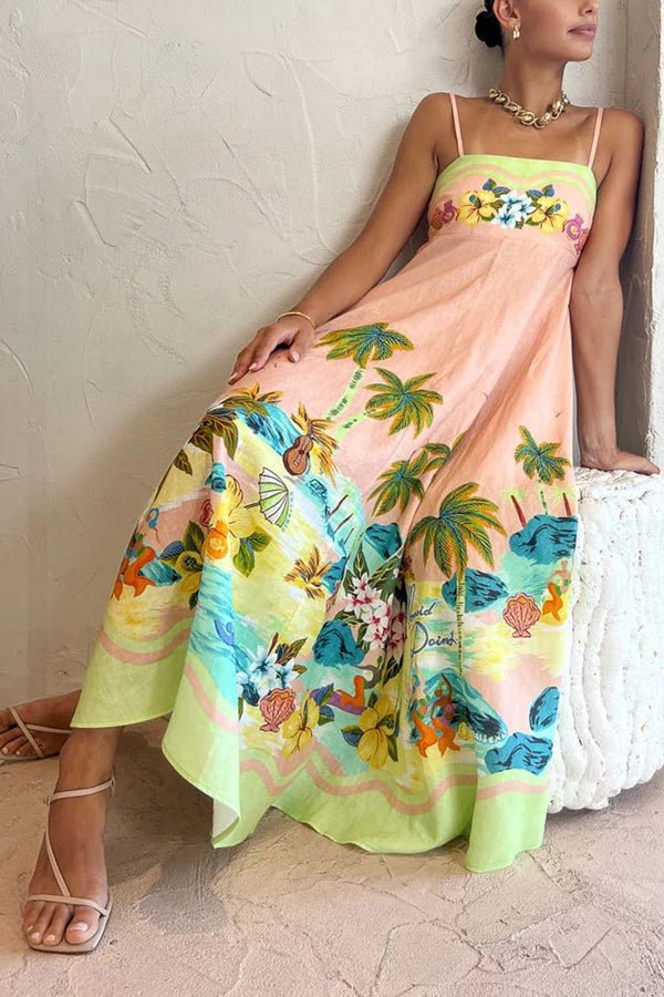 JO | Coconut Scenery Linen Blend Tropical Print Smocked Back Midi Dress