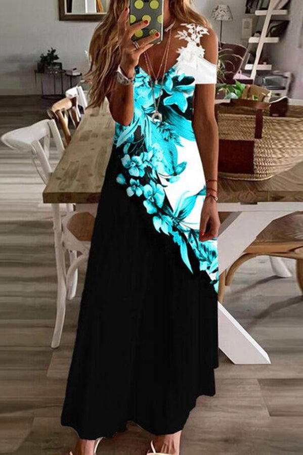 JO | Viana Contrasting lace printed maxi dress with straight sleeves