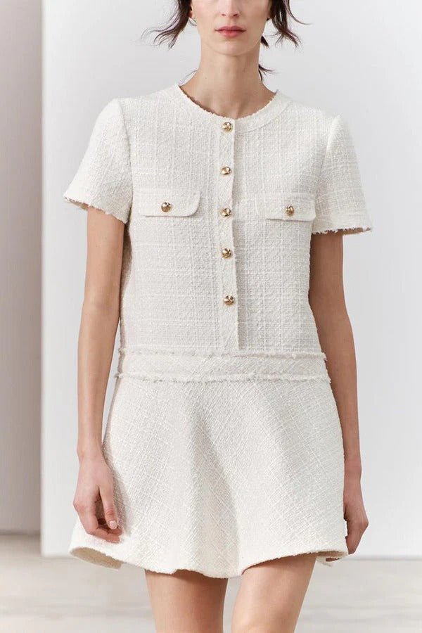 JO | 1960s London Girl tweed textured gold button short sleeve pocketed mini dress