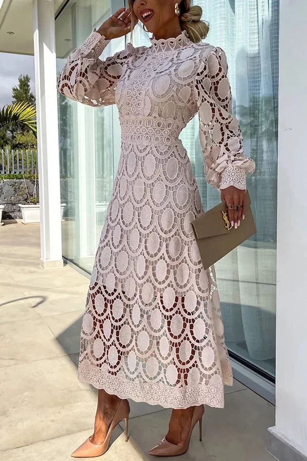 JO | Romantic, Sensual and Elegant Crochet Lace Lantern Sleeve Party Midi Dress