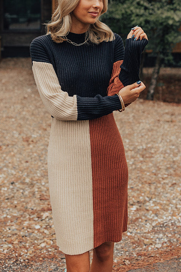 JO | Winter Latte Knit Color Block Mock Neck Sweater Mini Dress