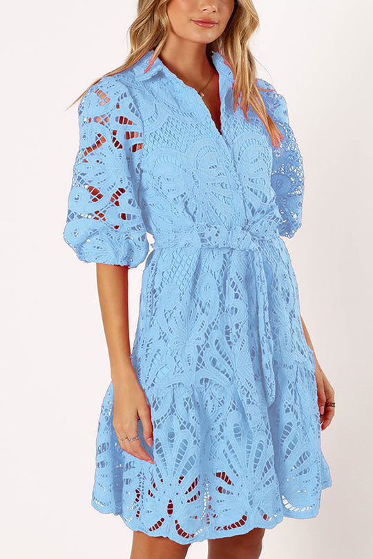 JO | Solid color lace neckline balloon sleeves and waist tie mini dress