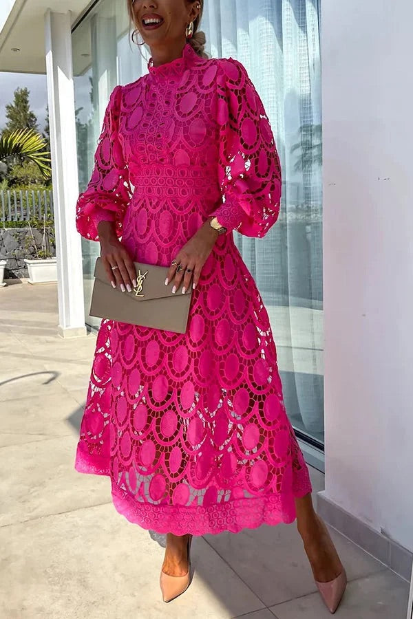 JO | Romantic, Sensual and Elegant Crochet Lace Lantern Sleeve Party Midi Dress
