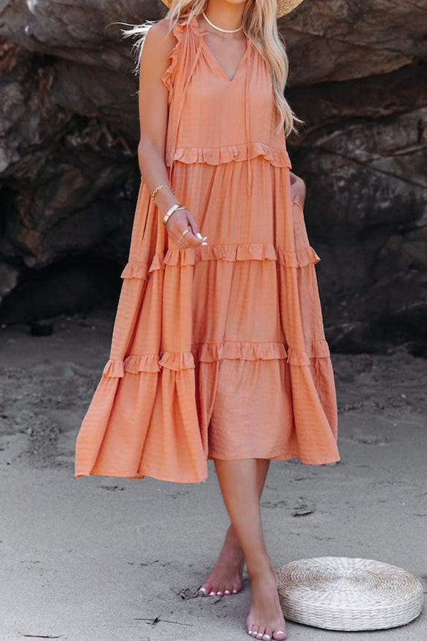 JO | COTTON BLEND, TIERED MIDI DRESS WITH POCKETS