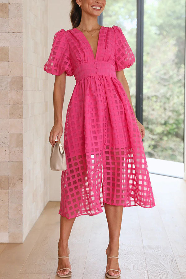 JO | Remarkable Beauty Square Patterned Fabric Puff Sleeve Party Midi Dress