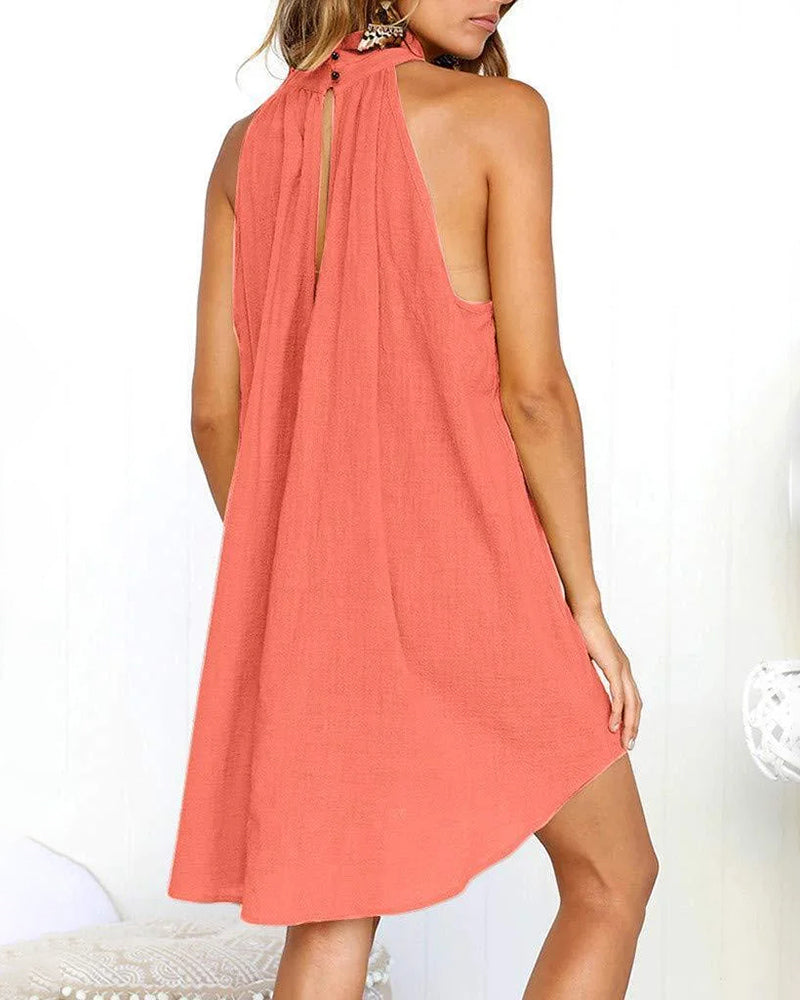 JO | Casual Halter Neck Strap Ruffle Plus Size Loose Short Mini Dress Beach Holiday Irregular Sundress
