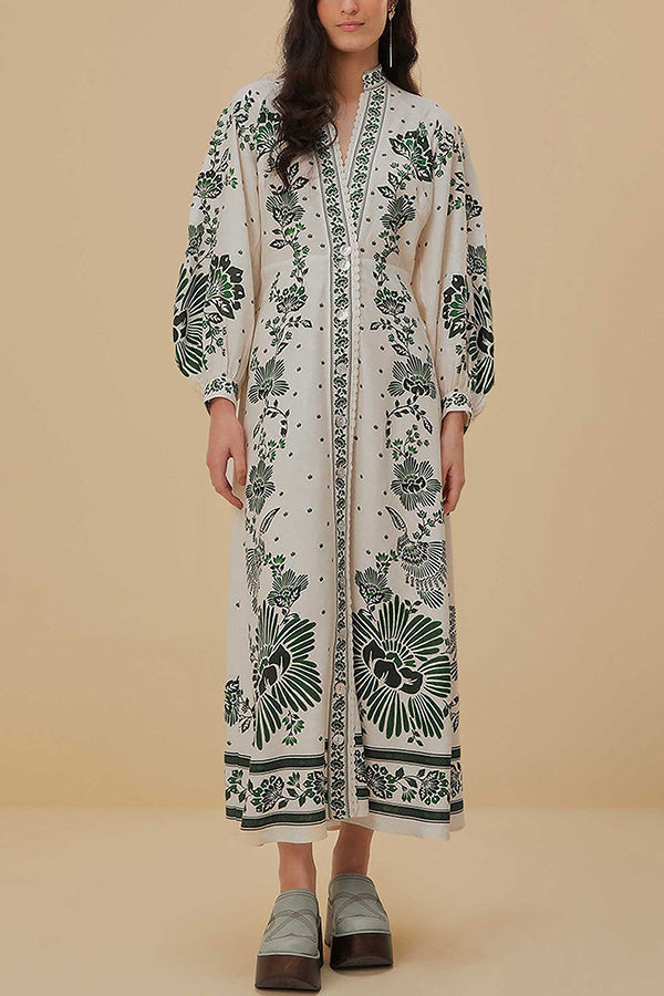 JO | Unique print button down long sleeve shirt maxi dress