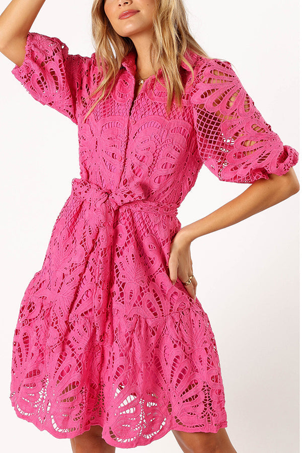 JO | Solid color lace neckline balloon sleeves and waist tie mini dress
