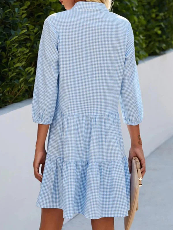 JO | Loose-fitting shirt dress in A-line, checked, with split neckline, halterneck and button fastening