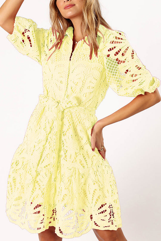 JO | Solid color lace neckline balloon sleeves and waist tie mini dress