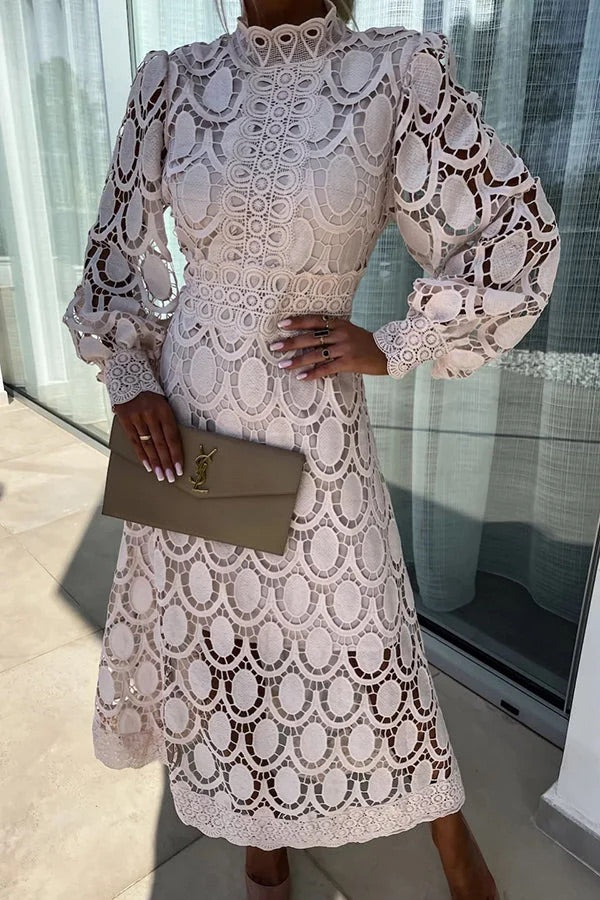 JO | Romantic, Sensual and Elegant Crochet Lace Lantern Sleeve Party Midi Dress