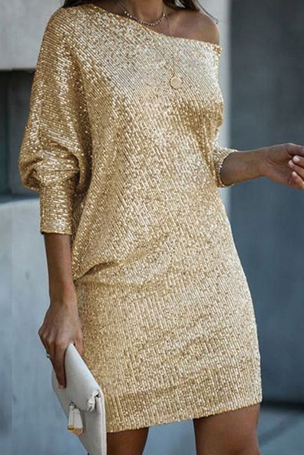 JO | Solid Sequins Off-shoulder Loose Mini Dress