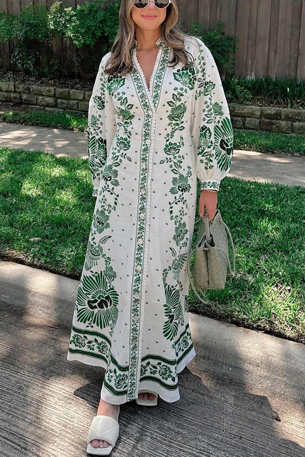 JO | Unique print button down long sleeve shirt maxi dress