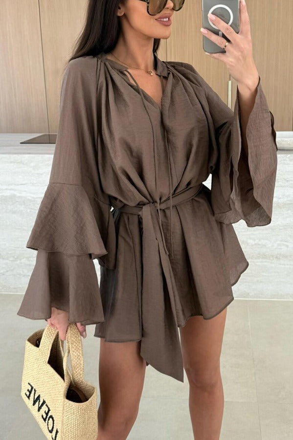 JO | Molly Linen Blend Tiered Bell Sleeve Tie-up Cover-up Mini Dress