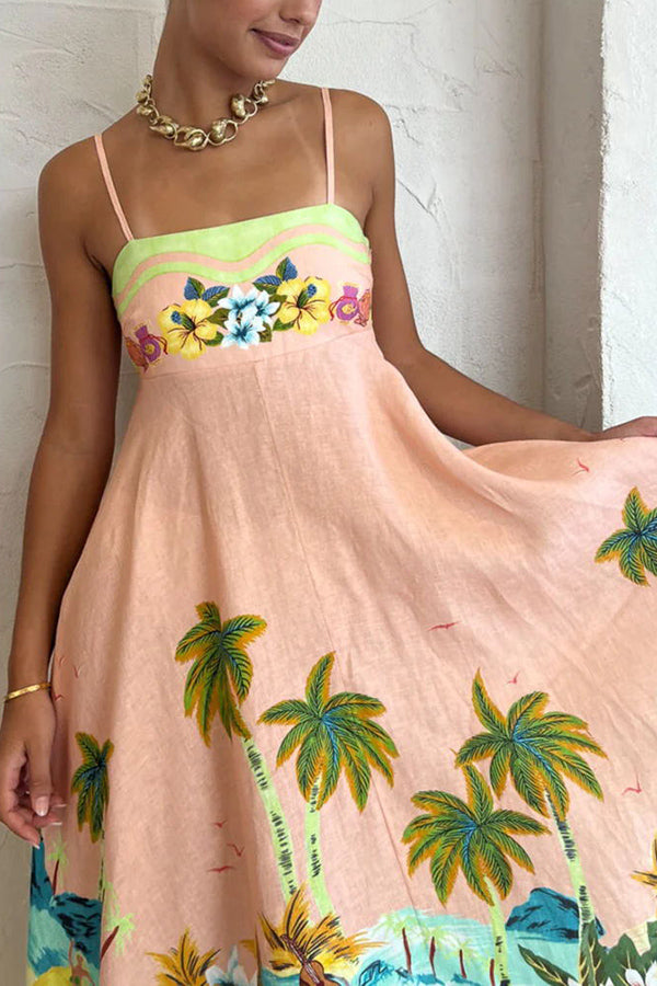 JO | Coconut Scenery Linen Blend Tropical Print Smocked Back Midi Dress