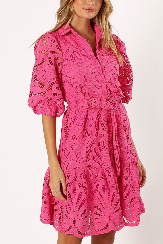 JO | Solid color lace neckline balloon sleeves and waist tie mini dress