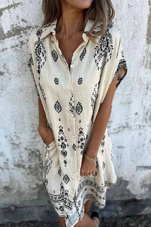 JO | Linen Blend Unique Print Lapel Casual Pocket Mini Dress