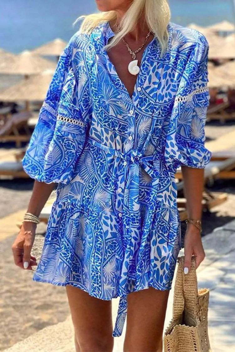 JO | Fashion Stand Up Collar Shift Printed Resort Mini Dress